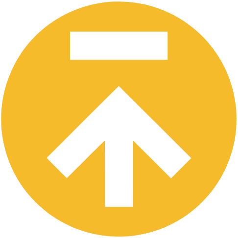 White upwards arrow on mustard circle background icon