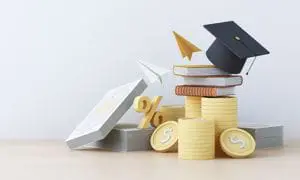 Graduation cost or expensive education or scholarship loan. money with stack of books and cap or hat, idea of tuition budget or college, university learning fee, profit or earnings. 3d rendering