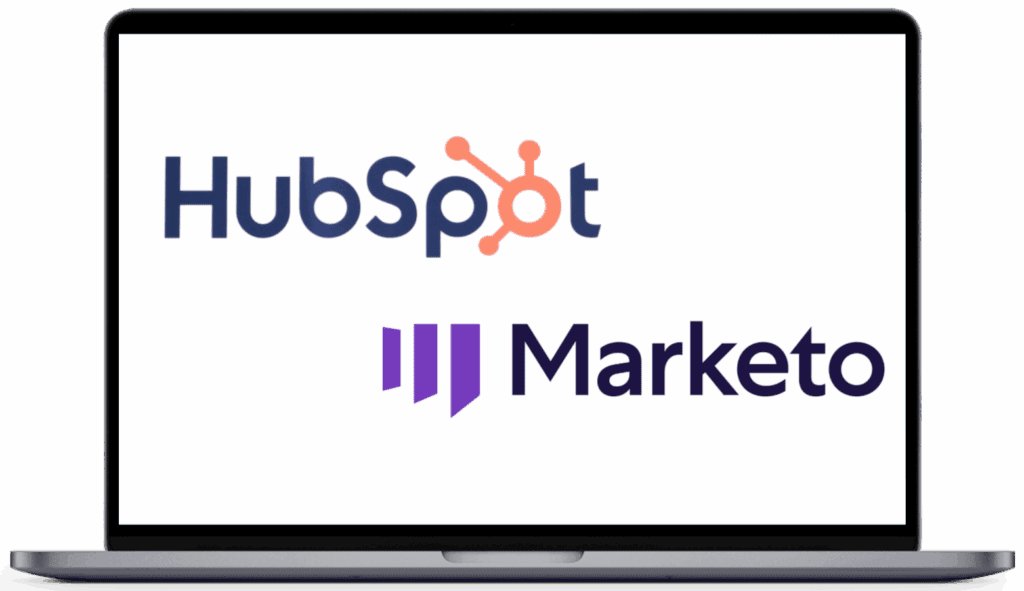 HubSpot - Marketo logos on laptop screen img