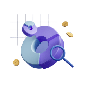 Pie chart with graphs, magnifying glass and coins floating img