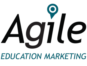 Agile Education Marketing logo with a teal location pin over the letter i in 'Agile' and blue 'EDUCATION MARKETING' text underneath.