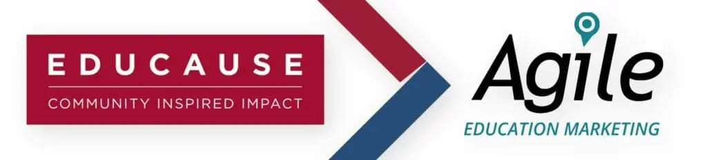 EDUCAUSE logo with 'Community Inspired Impact' text beside Agile Education Marketing logo and a red/blue chevron between them.