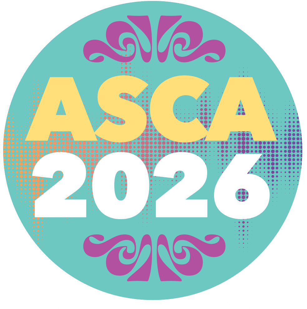 Circular badge logo for ASCA 2026 on a turquoise background with yellow 'ASCA' text and white '2026', accented by purple decorative swirls. Intended as an event logo.