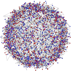 Dense circular network diagram with thousands of interconnected nodes in red, blue, and magenta, showing complex relationships.