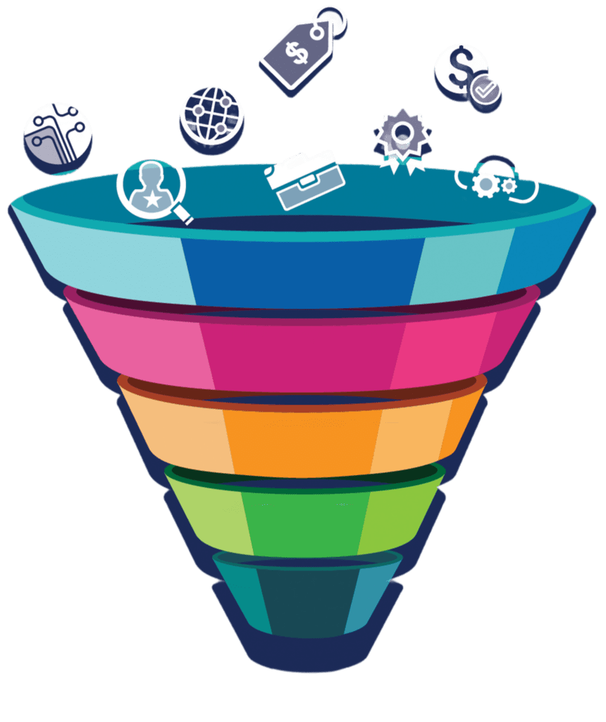 Colorful stacked cups with floating icons like a tag, globe, magnifying glass, and dollar sign above, suggesting ideas or brainstorming.