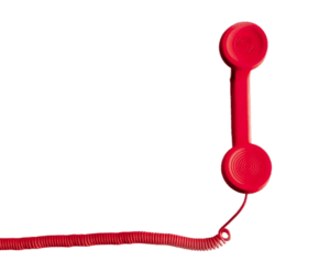 Minimalist composition of a retro red telephone handset with a coiled cord against a plain white background
