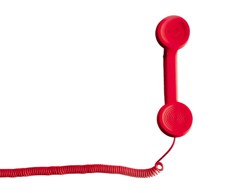 Minimalist composition of a retro red telephone handset with a coiled cord against a plain white background