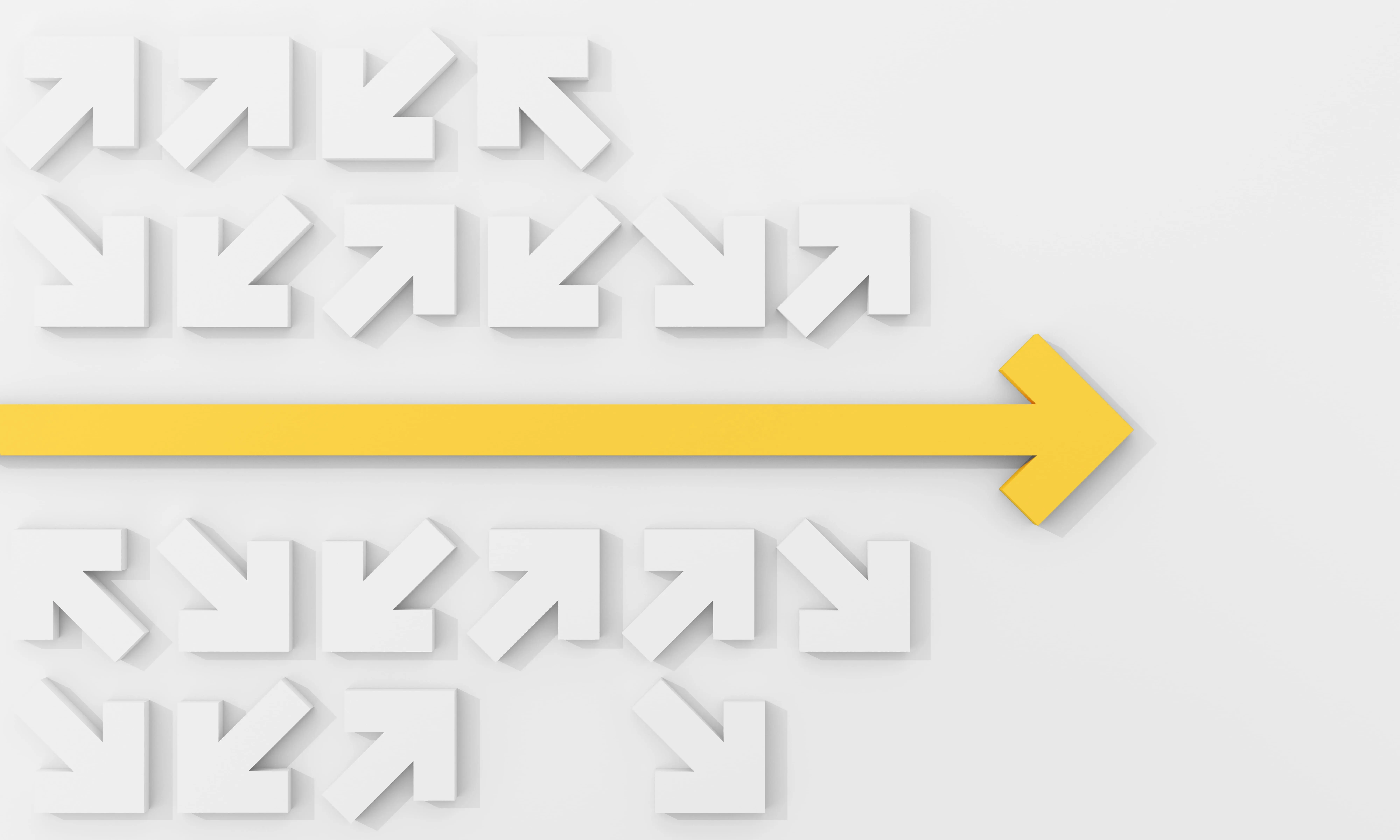 White 3D embossed letters spell 'ATTENTION' across a pale background, with a thick yellow rightward arrow crossing the scene.