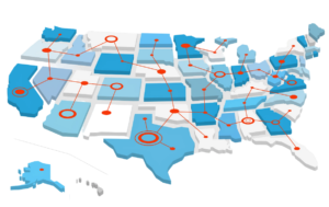 USA network map with connected lines and circles