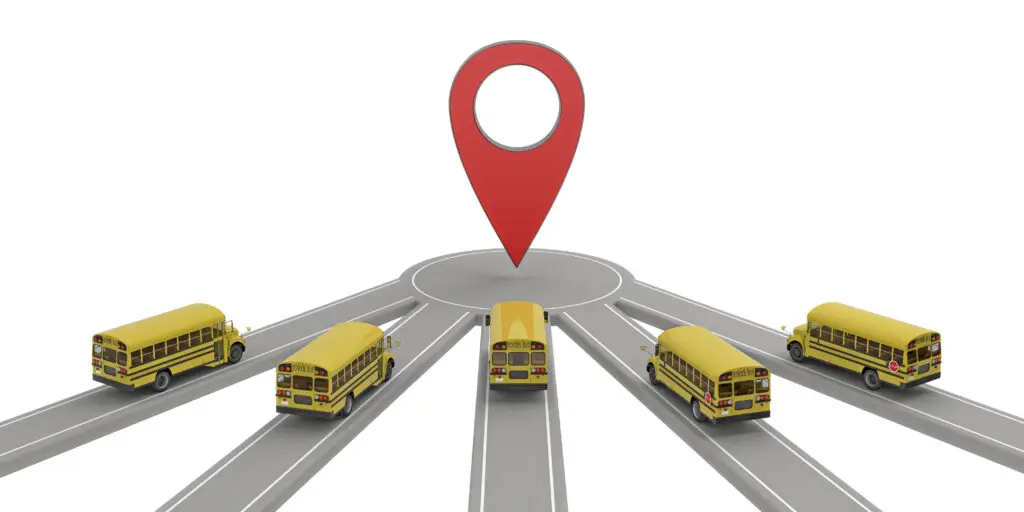 group of school buses rides in one destination
