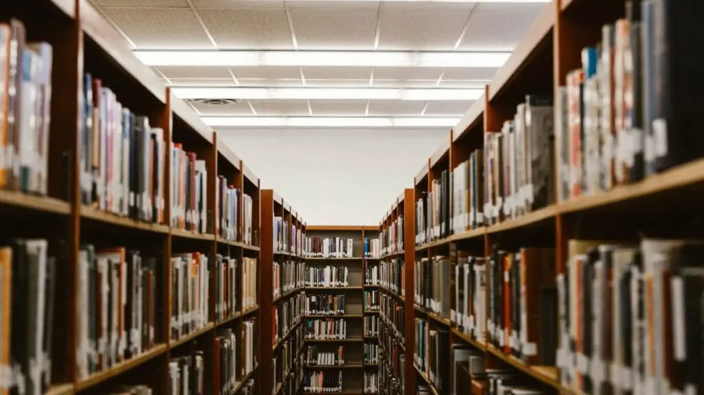 Library row with books.
