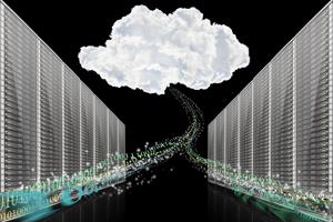 A modern data center filled with servers, representing cloud computing. Visual elements highlight the different cloud service models.
