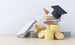 Graduation cost or expensive education or scholarship loan. money with stack of books and cap or hat, idea of tuition budget or college, university learning fee, profit or earnings. 3d rendering