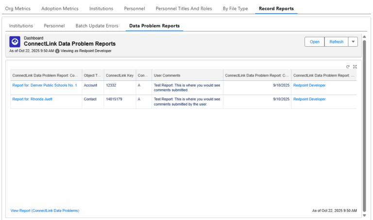 Screenshot of a ConnectLink Dashboard, showing the new Data Problem Report found under Record Reports