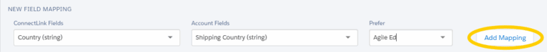 Navigate to the bottom of the Institution, Contact, or Lead Field Mappings box. Fill out the New Field Mapping box. Select the ConnectLink field, destination field, and your desired preference. Then, Click Add Mapping.