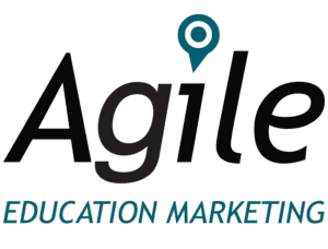 Agile Education Marketing logo with a teal location pin over the letter i in 'Agile' and blue 'EDUCATION MARKETING' text underneath.