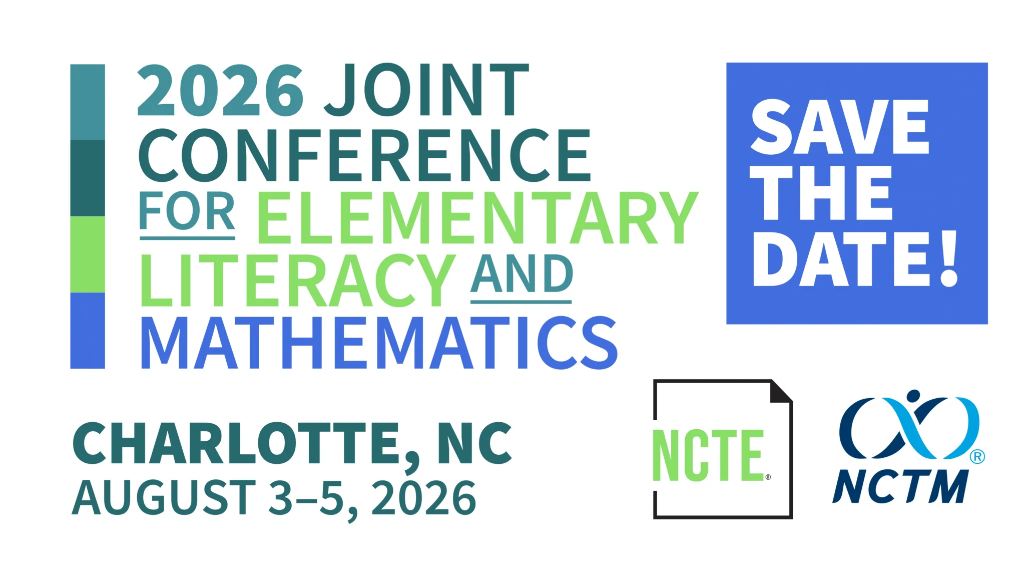 Conference event graphic announcing the 2026 Joint Conference for Elementary Literacy and Mathematics with a blue 'Save the Date!' panel on the right and location details below.