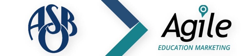 Brand banner showing three logos: a circular blue monogram on the left, teal/blue chevrons in the middle, and 'Agile Education Marketing' with a teal location pin on the right.