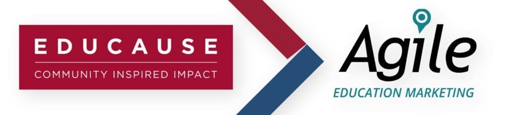 EDUCAUSE logo with 'Community Inspired Impact' text beside Agile Education Marketing logo and a red/blue chevron between them.