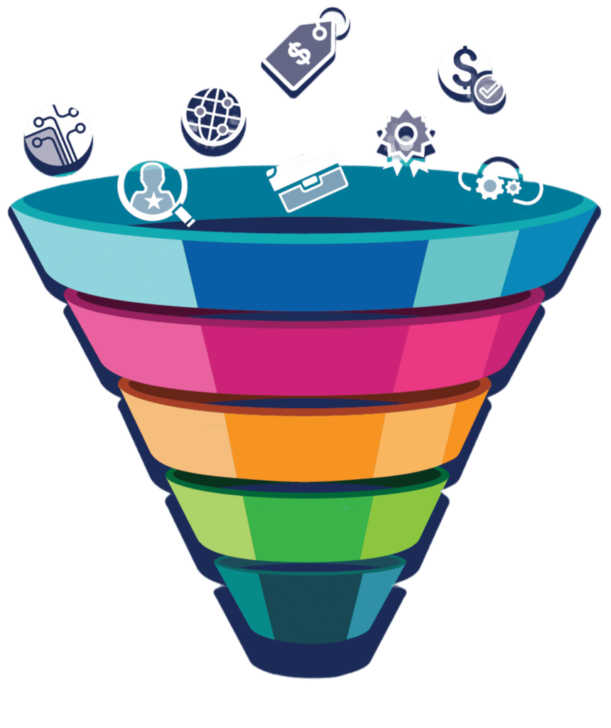 Colorful stacked cups with floating icons like a tag, globe, magnifying glass, and dollar sign above, suggesting ideas or brainstorming.