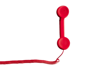 Minimalist composition of a retro red telephone handset with a coiled cord against a plain white background