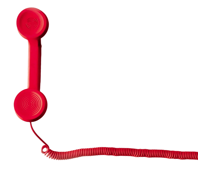 Red telephone handset with a coiled cord extending to the right.