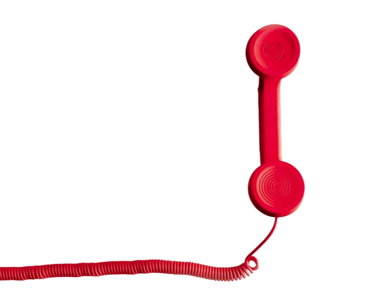 Minimalist composition of a retro red telephone handset with a coiled cord against a plain white background