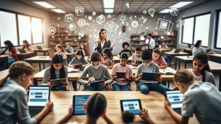 Teacher explains to students in a classroom where kids use tablets, with floating holographic icons above them.